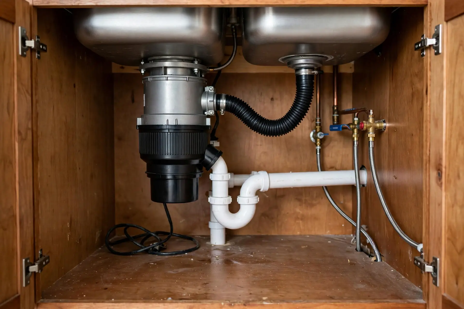 A worker fixing pipes with tools in an industrial indoor environment.