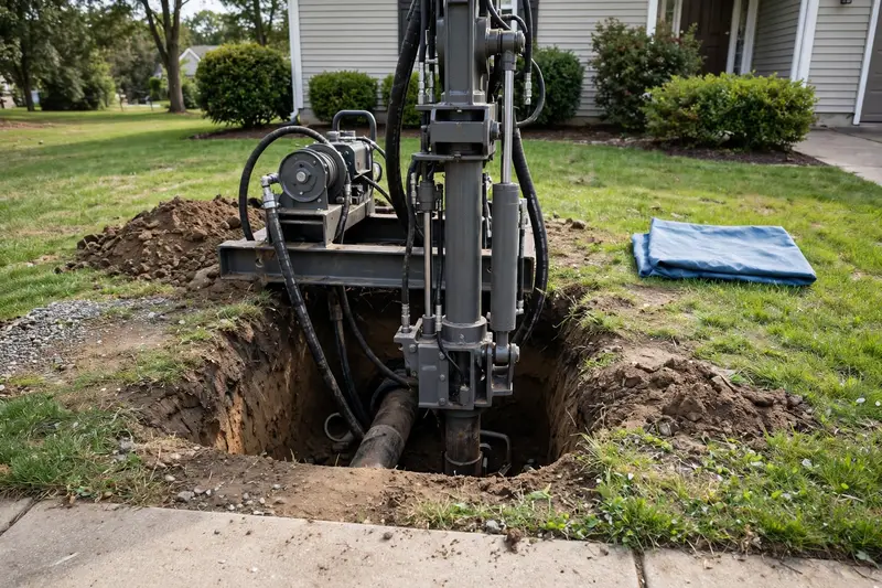 Close-up of urban pipe installation at a construction site, showing various pipes and materials.
